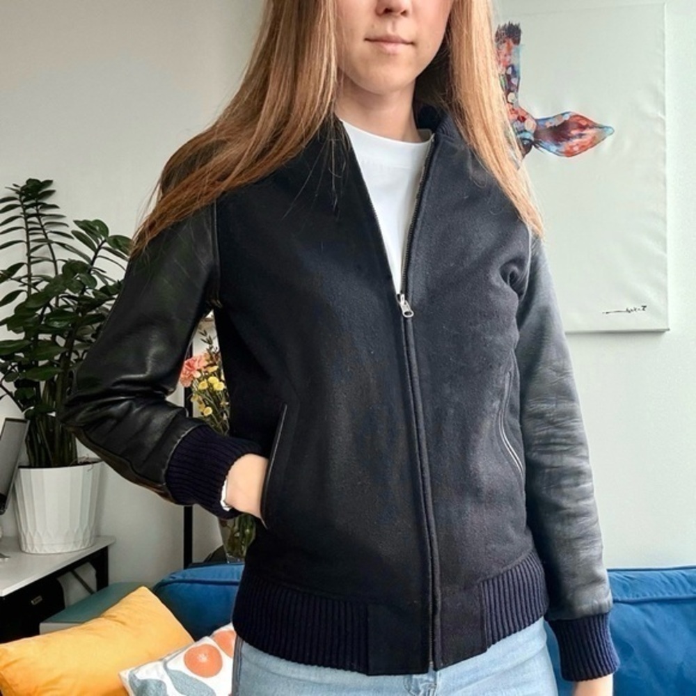 Temple of Jawnz Wool Black Leather Zip Long Sleeve Jacket Petite XS